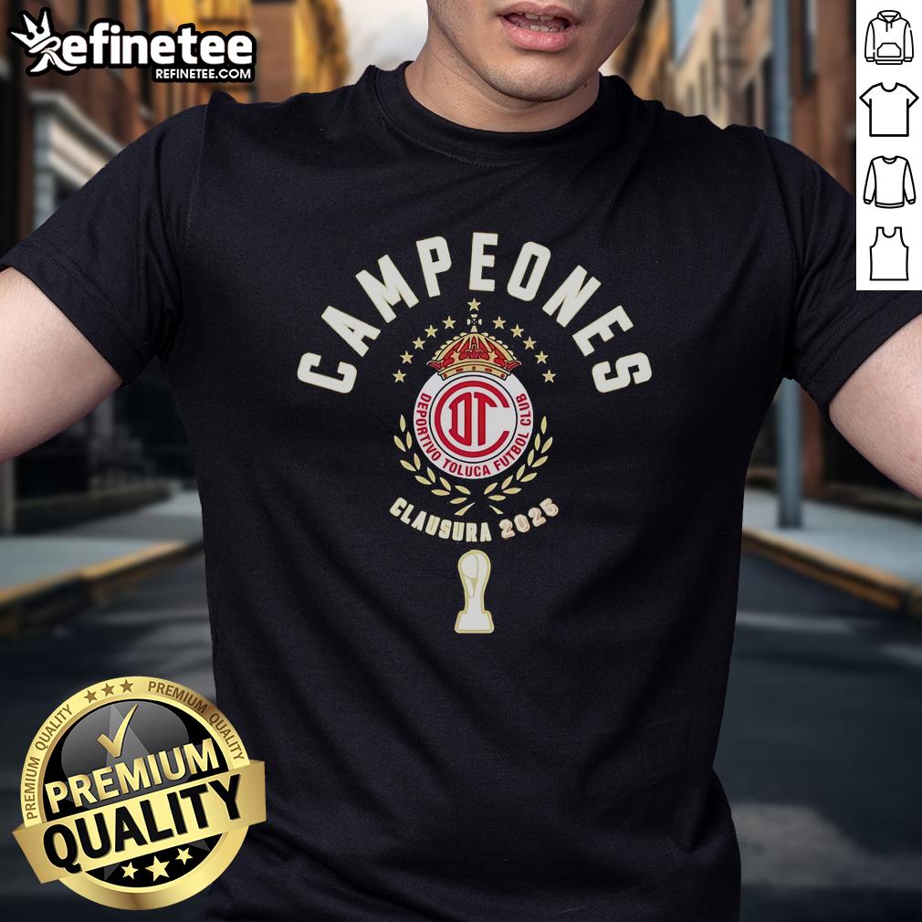Alt Text: Official Deportivo Toluca FC Campeones Clausura 2025 T-Shirt featuring team colors and championship logo design.