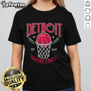 Alt Text: Official Detroit Basketball Vintage Est 1937 Ladies Tee featuring classic design and team colors.