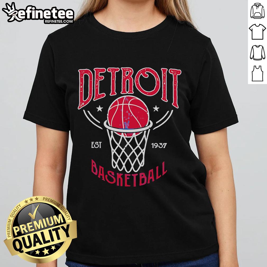 Alt Text: Official Detroit Basketball Vintage Est 1937 Ladies Tee featuring classic design and team colors.
