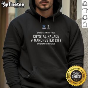 Alt Text: Official Emirates FA Cup Final hoodie featuring Crystal Palace vs Manchester City, Saturday 17 May 2025.