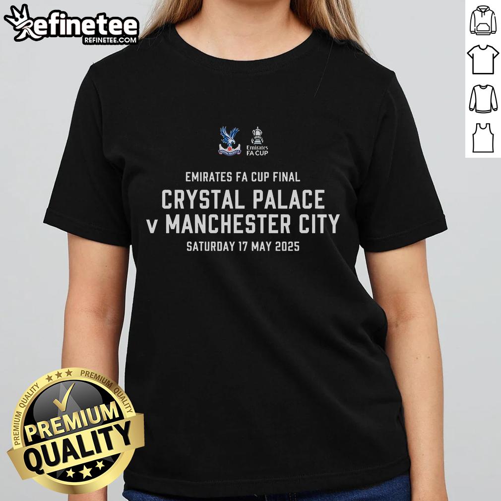 Alt Text: Official Emirates FA Cup Final 2025 Ladies Tee featuring Crystal Palace vs Manchester City design.
