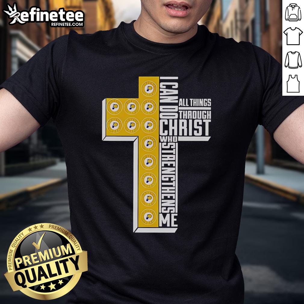 Official Indiana Pacers I Can Do All Things Through Christ T-Shirt featuring team logo and inspirational message.