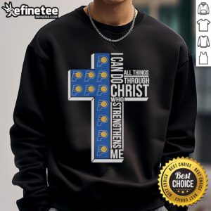 Official Indiana Pacers sweatshirt featuring 'I Can Do All Things Through Christ' with a cross design for fans.