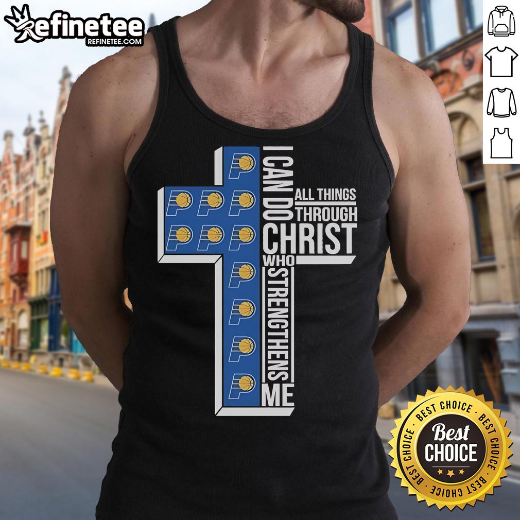 Official Indiana Pacers tank top featuring 'I Can Do All Things Through Christ' with a cross design.