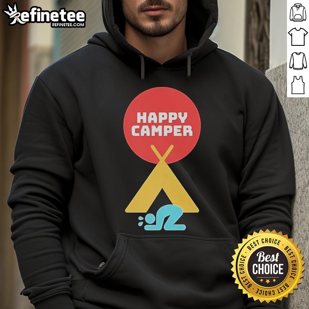 Official Jim Gaffigan Happy Camper 2025 Hoodie featuring a cozy design perfect for fans and outdoor enthusiasts.