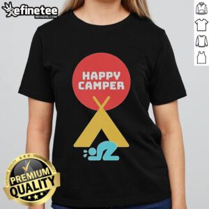 Official Jim Gaffigan Happy Camper 2025 Ladies Tee featuring a fun graphic design for comedy fans and stylish comfort.