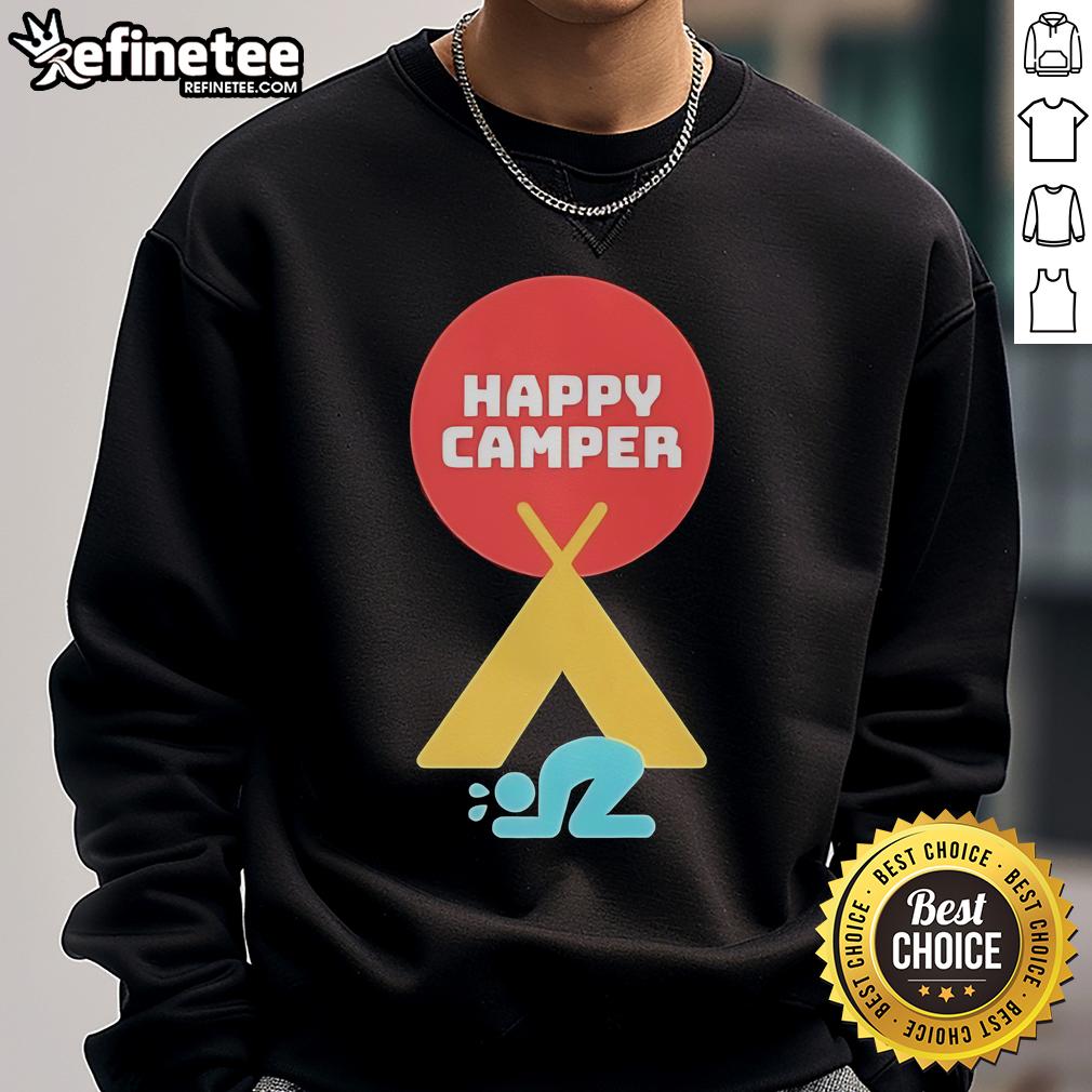 Alt Text: Official Jim Gaffigan Happy Camper 2025 sweatshirt featuring a colorful design perfect for comedy fans.