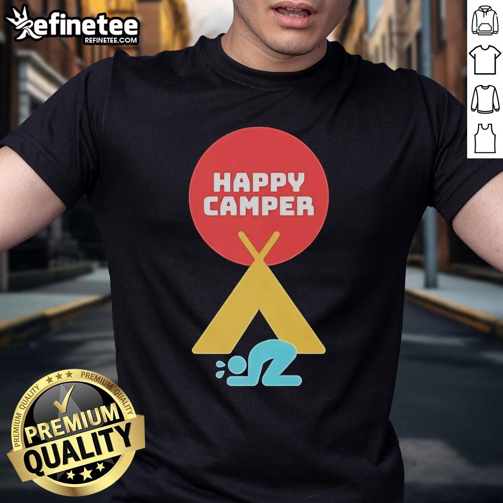Alt Text: Official Jim Gaffigan Happy Camper 2025 T-Shirt featuring a playful design perfect for fans of comedy and adventure.