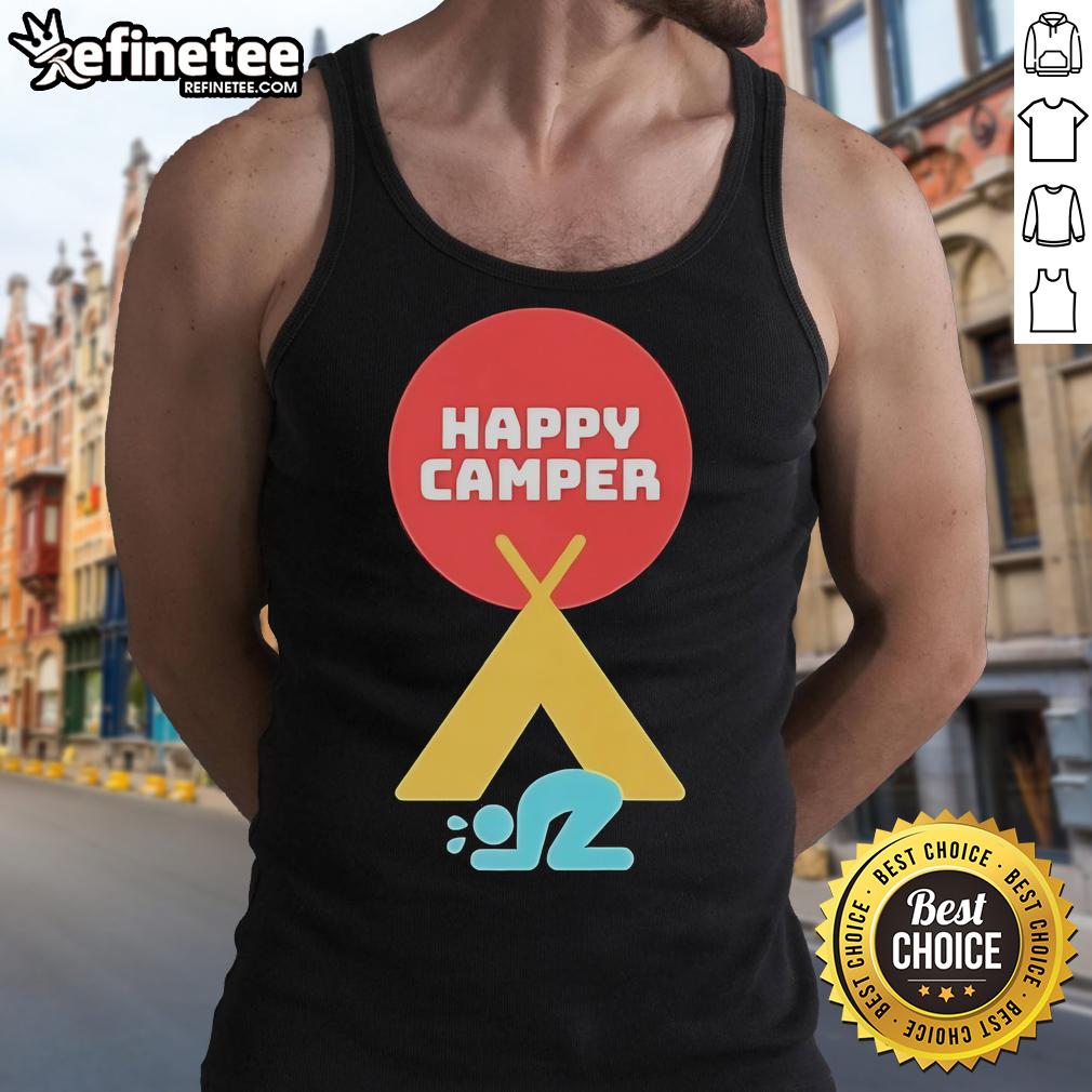 Official Jim Gaffigan Happy Camper 2025 tank top design featuring vibrant colors and comedic graphics.