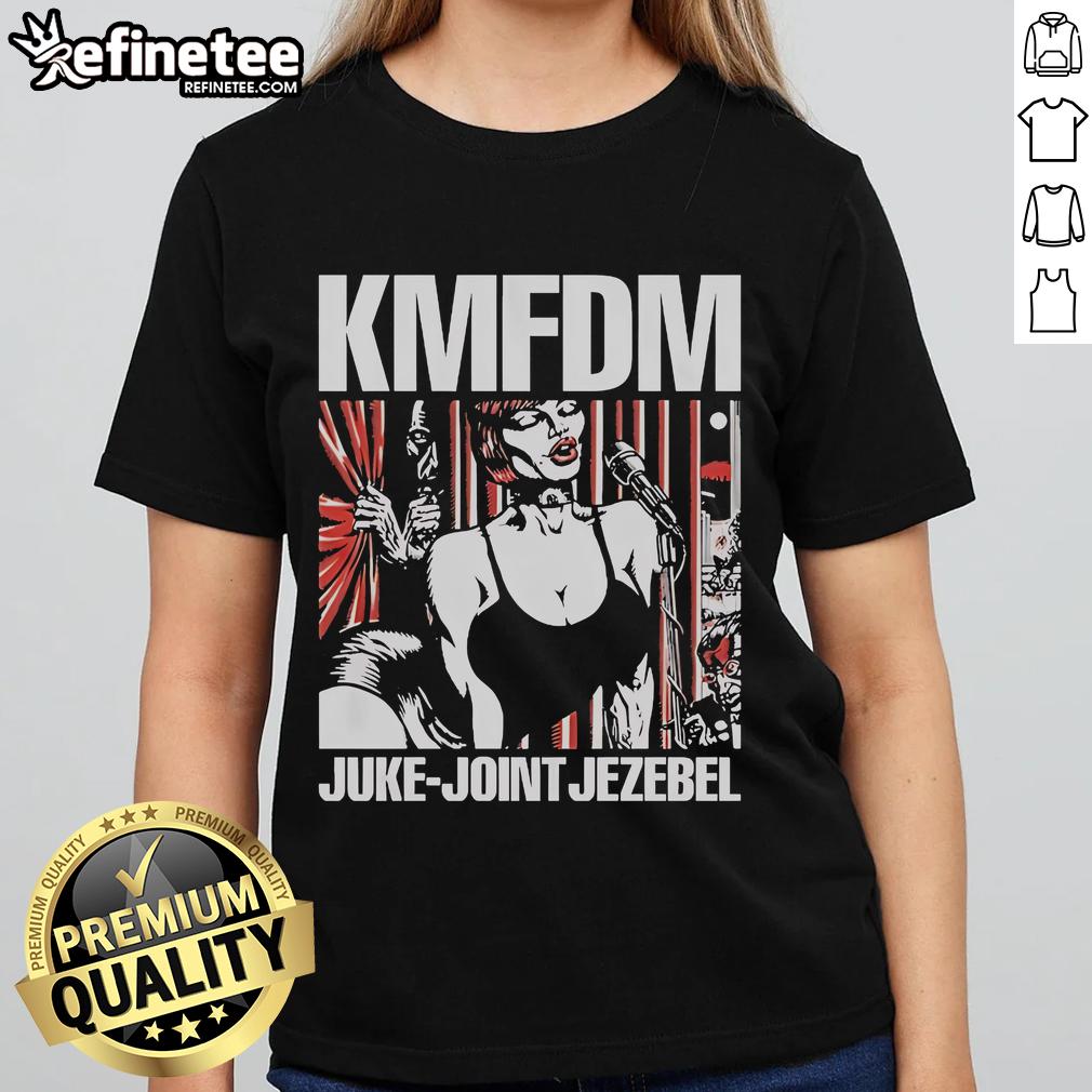 Alt Text: Official KMFDM Juke Joint Jezebel 2025 Tour ladies tee featuring bold graphic design and vibrant colors.