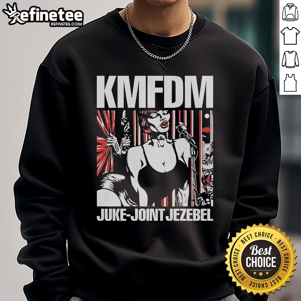 Official KMFDM Juke Joint Jezebel 2025 Tour sweatshirt featuring bold graphics and vibrant colors, perfect for fans.