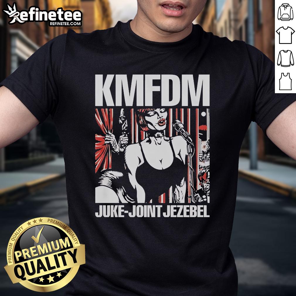 Official Kmfdm Juke Joint Jezebel 2025 Tour T-Shirt featuring bold graphics and tour details in vibrant colors.
