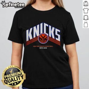 Vintage New York Knicks basketball ladies' tee, established 1946, featuring official NYK logo and stylish design.