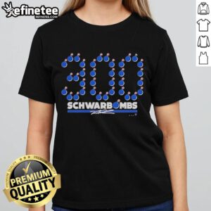Official Kyle Schwarber 300 Schwarbombs ladies tee featuring a stylish design for fans of the MLB star and his achievements.