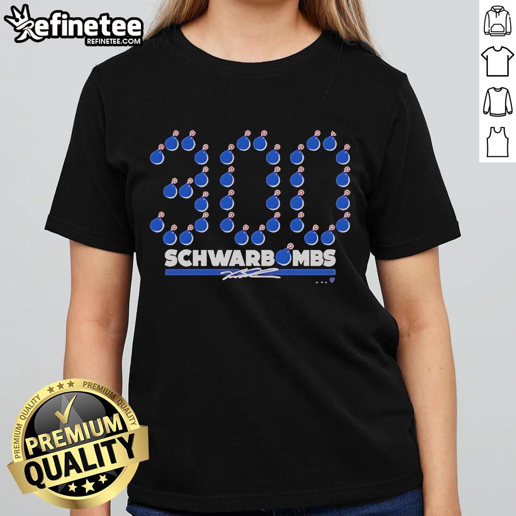 Official Kyle Schwarber 300 Schwarbombs ladies tee featuring a stylish design for fans of the MLB star and his achievements.