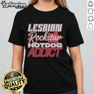 Official Lesbian Rockstar Hotdog Addict Ladies Tee featuring vibrant graphic design and comfortable fit for music lovers.