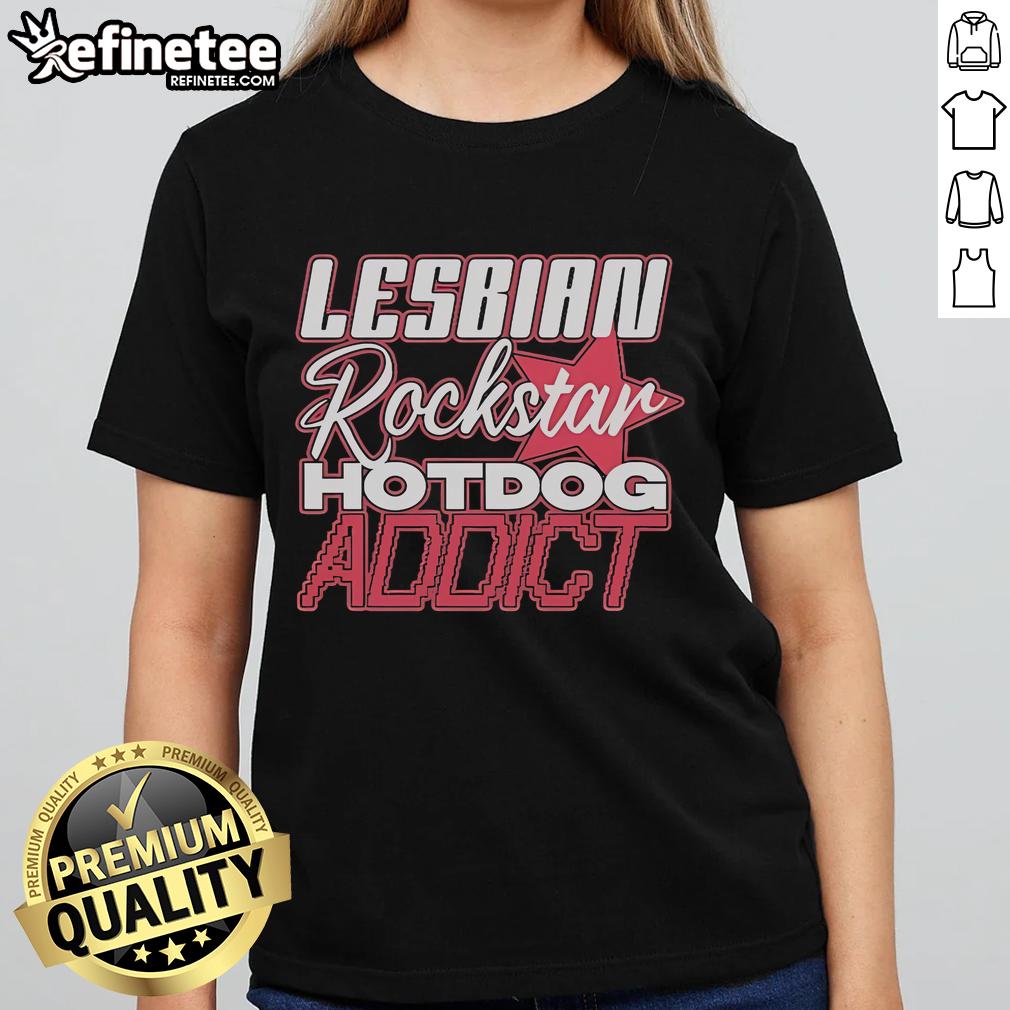 Official Lesbian Rockstar Hotdog Addict Ladies Tee featuring vibrant graphic design and comfortable fit for music lovers.