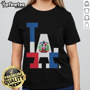 Alt Text: Official Los Angeles Dodgers Dominican Republic Flag Logo Ladies Tee featuring vibrant colors and stylish design.