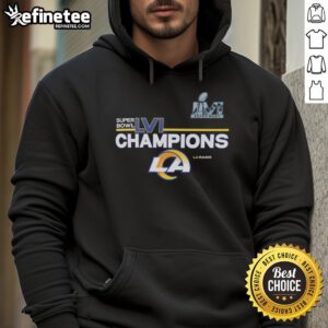 Official Los Angeles Rams Super Bowl LVI Champions hoodie featuring team logo and vibrant colors for fans.