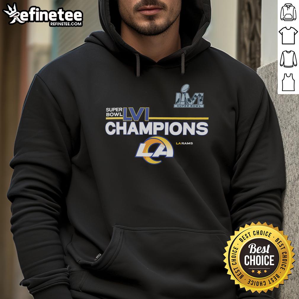 Official Los Angeles Rams Super Bowl LVI Champions hoodie featuring team logo and vibrant colors for fans.