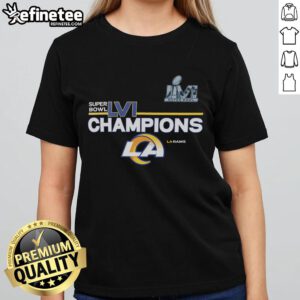 Alt Text: Official Los Angeles Rams Super Bowl LVI Champions ladies tee in blue, celebrating the team's victory with stylish design.