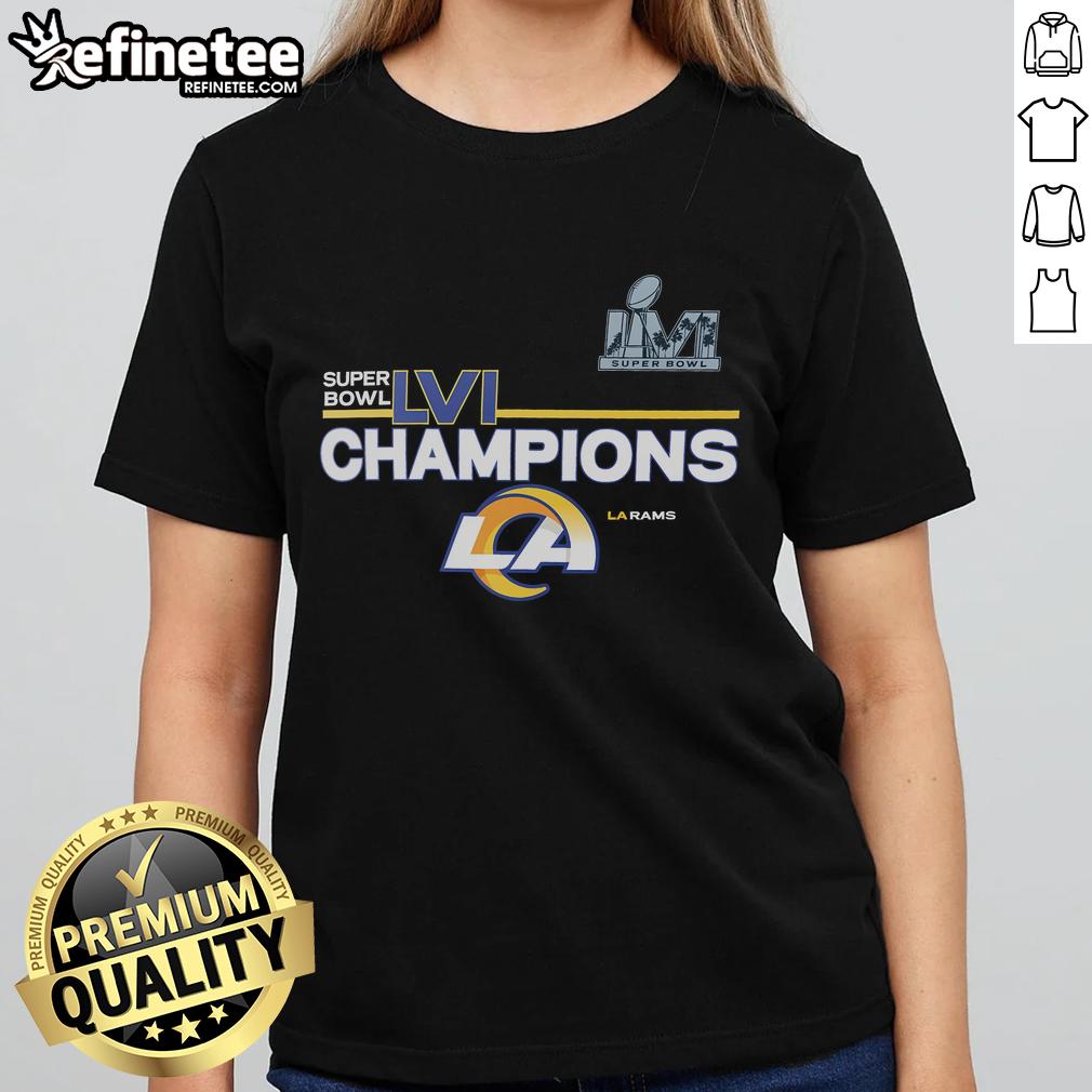 Alt Text: Official Los Angeles Rams Super Bowl LVI Champions ladies tee in blue, celebrating the team's victory with stylish design.