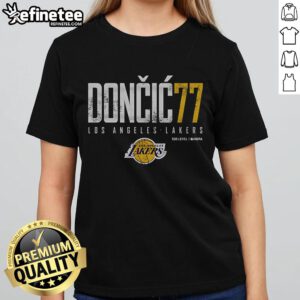 Official Luka Doncic 77 Los Angeles Lakers Ladies Tee showcasing stylish design and team spirit for female fans.