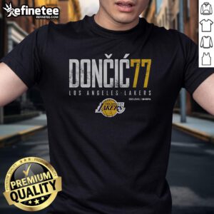 Official Luka Doni 77 Los Angeles Lakers T-Shirt featuring vibrant team colors and player graphics, perfect for fans.