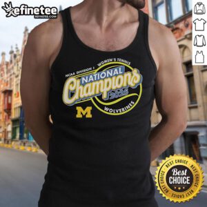 Official Michigan Wolverines 2025 NCAA Women's Tennis National Champions tank top featuring team colors and logo.