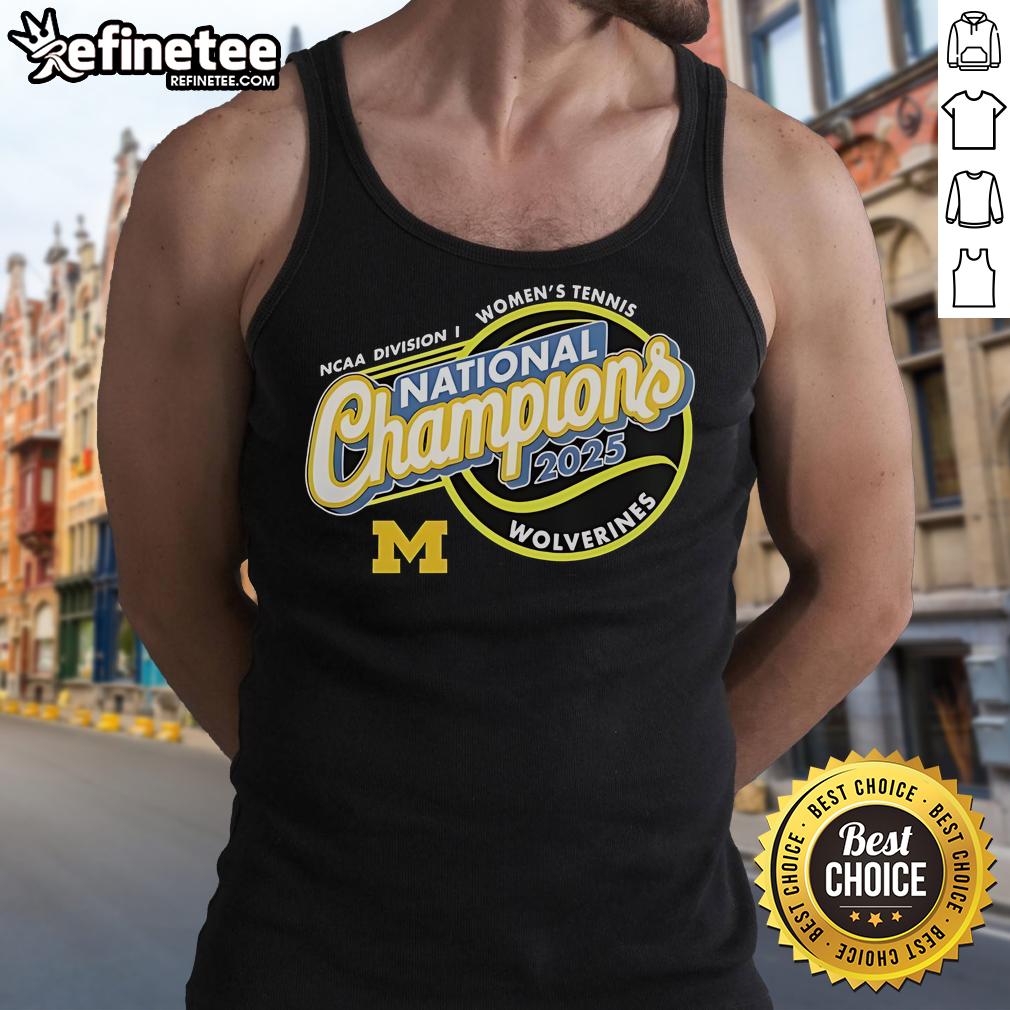 Official Michigan Wolverines 2025 NCAA Women's Tennis National Champions tank top featuring team colors and logo.