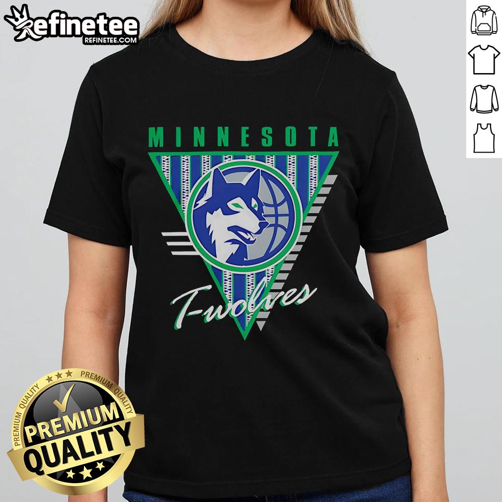 Alt Text: Official Minnesota Timberwolves Mitchell & Ness tri-logo ladies tee, showcasing team pride and stylish design.