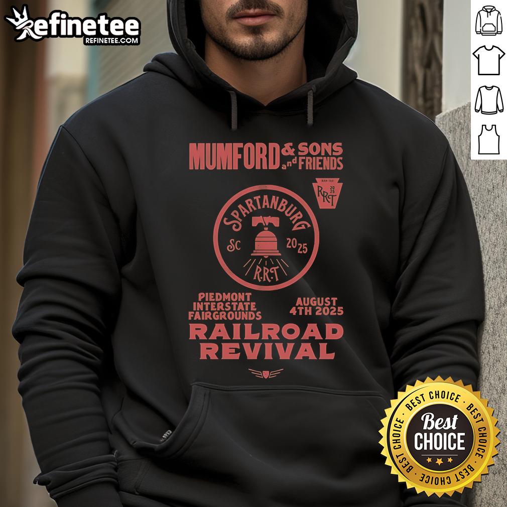 Official Mumford and Sons 2025 Railroad Revival Tour hoodie from Spartanburg, SC at Piedmont Fairgrounds.