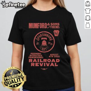 Official Mumford and Sons 2025 Railroad Revival Tour tee for ladies, featuring vibrant design, at Piedmont Fairgrounds, Spartanburg, SC.