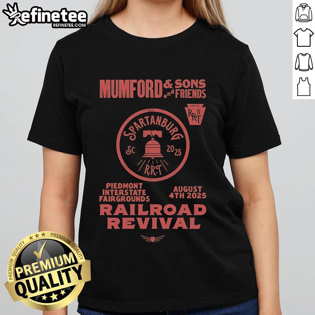 Official Mumford and Sons 2025 Railroad Revival Tour tee for ladies, featuring vibrant design, at Piedmont Fairgrounds, Spartanburg, SC.