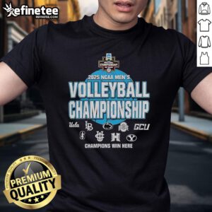 Alt Text: Official NCAA 2025 Men's Volleyball Championship opening round t-shirt featuring team logos and event graphics.