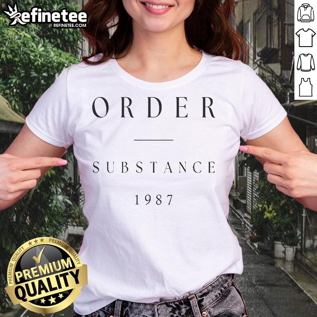 Official New Order Substance 1987 Ladies Tee featuring iconic album artwork and stylish design for fans.