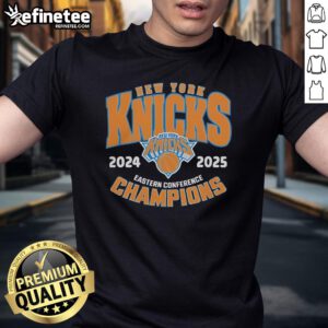 Official New York Knicks 2025 Eastern Conference Champions T-Shirt featuring team logo and vibrant colors.