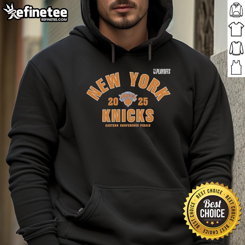 Official New York Knicks 2025 NBA Playoffs Eastern Conference Finals hoodie featuring team colors and logo.