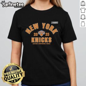 Official New York Knicks 2025 NBA Playoffs Eastern Conference Finals ladies tee featuring team logo and vibrant colors.