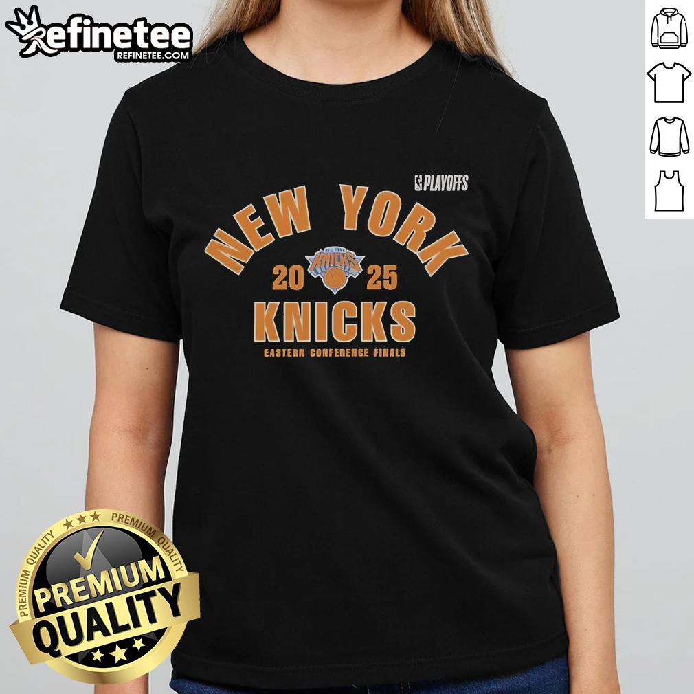 Official New York Knicks 2025 NBA Playoffs Eastern Conference Finals ladies tee featuring team logo and vibrant colors.