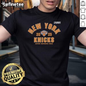 Official New York Knicks 2025 NBA Playoffs Eastern Conference Finals T-Shirt featuring team logo and vibrant colors.