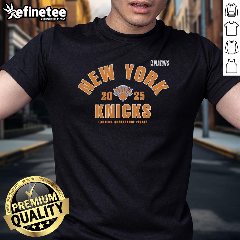 Official New York Knicks 2025 NBA Playoffs Eastern Conference Finals T-Shirt featuring team logo and vibrant colors.