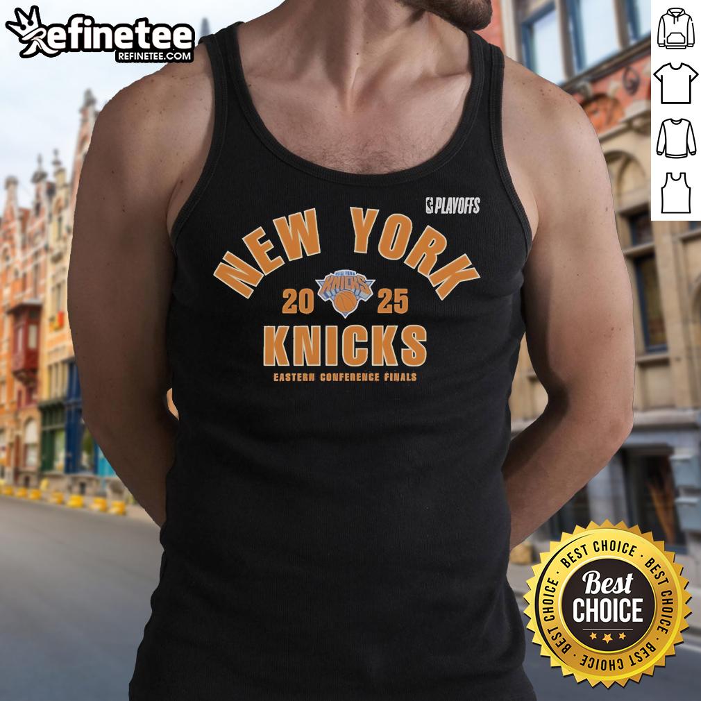 Official New York Knicks 2025 NBA Playoffs Eastern Conference Finals tank top featuring team colors and logo.