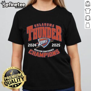 Official OKC Thunder NBA Playoffs 2024-25 Western Conference Champions ladies tee featuring team colors and logo.