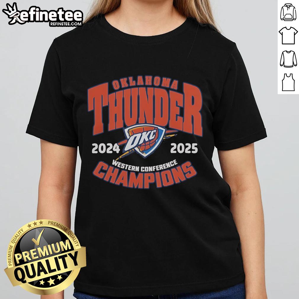 Official OKC Thunder NBA Playoffs 2024-25 Western Conference Champions ladies tee featuring team colors and logo.