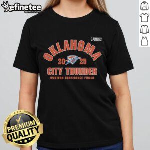 Alt Text: Official Oklahoma City Thunder 2025 NBA Playoffs Western Conference Finals ladies tee, featuring vibrant team colors and logo.