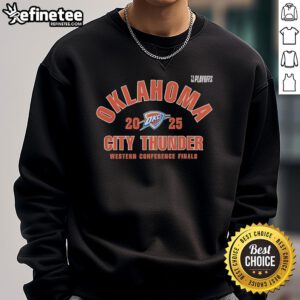 Official Oklahoma City Thunder 2025 NBA Playoffs Western Conference Finals sweatshirt in team colors and logo.