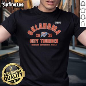 Alt Text: Official Oklahoma City Thunder 2025 NBA Playoffs Western Conference Finals T-Shirt featuring team colors and logo.