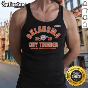 Official Oklahoma City Thunder 2025 NBA Playoffs Western Conference Finals tank top featuring team colors and logo.