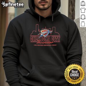 Official Oklahoma City Thunder 2025 Western Conference Finals skyline hoodie featuring team colors and logo design.